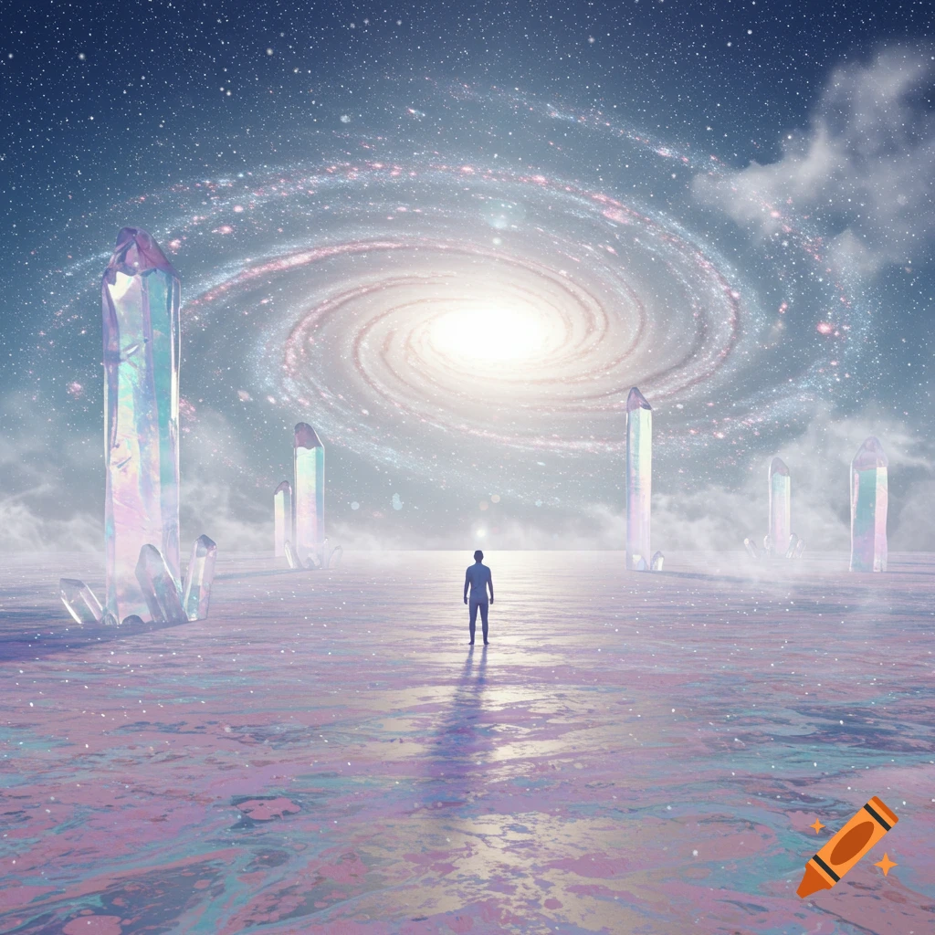 A silhouetted figure stands on a colorful plain with iridescent crystals, looking at a bright spiral galaxy in a starry sky. Surreal painting.