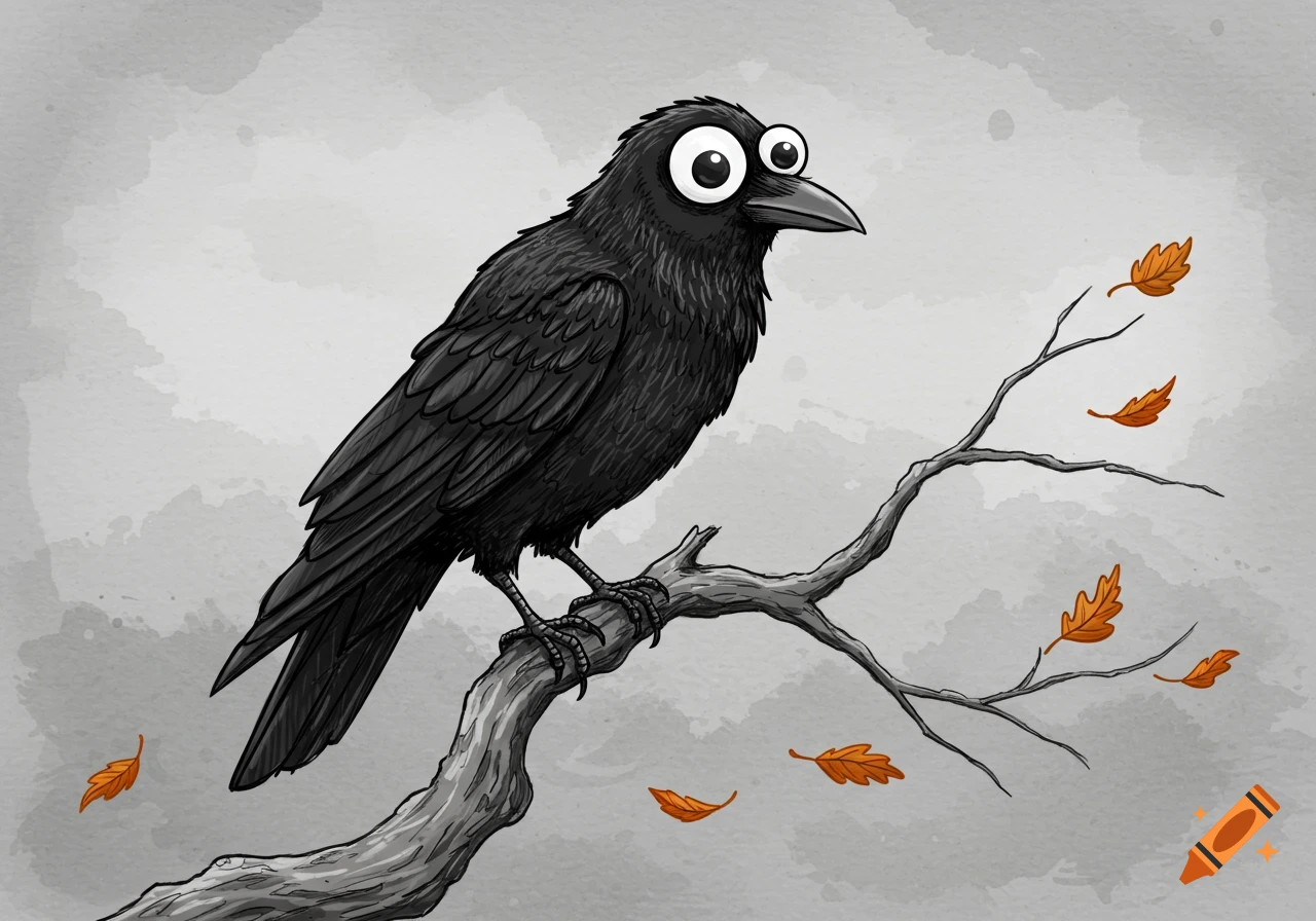A cartoon crow with large googly eyes sits on a tree branch, with a grey watercolor background and falling autumn leaves.