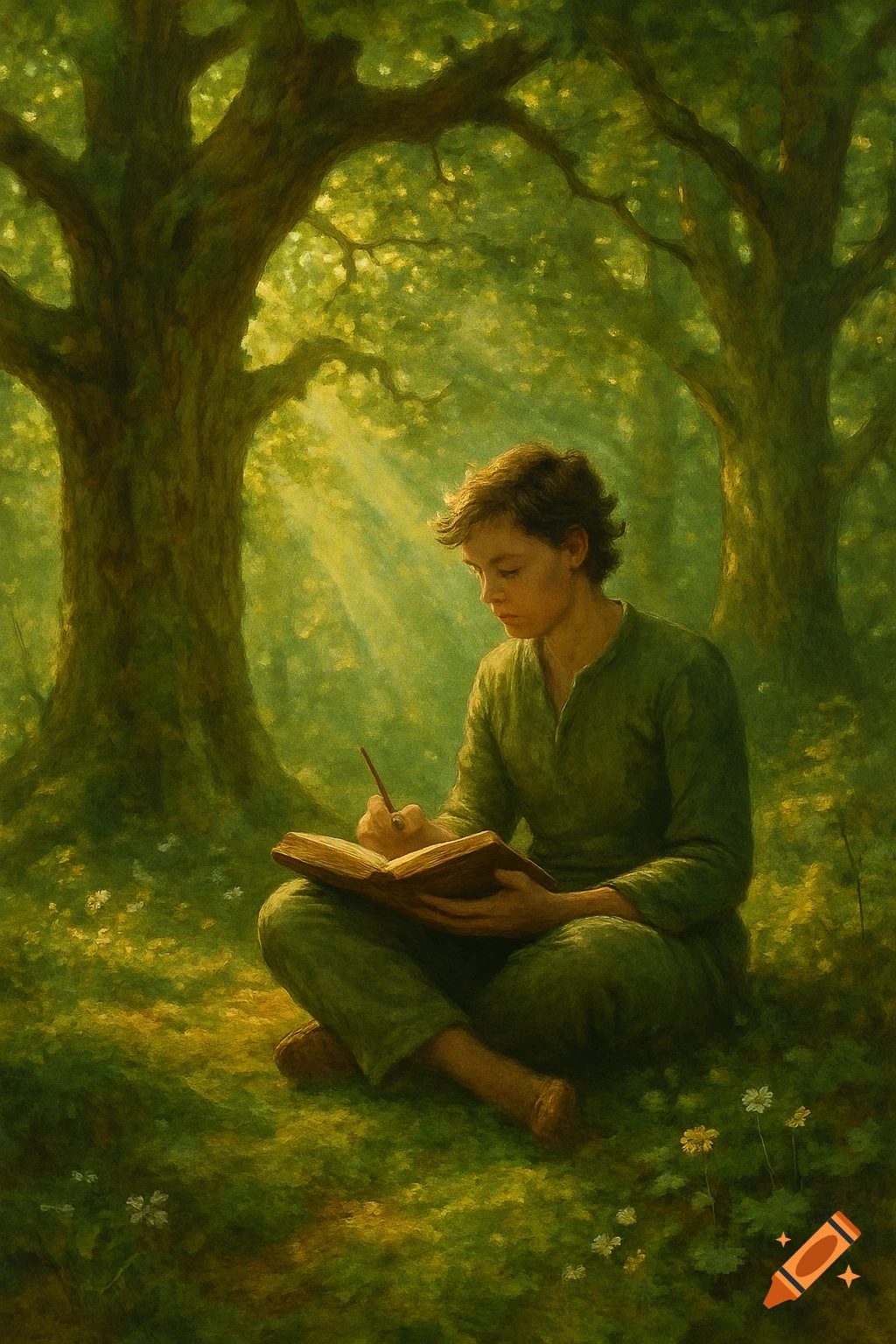 A person in green robes sits cross-legged in a lush forest, writing in an open book under sunlit trees in a painting style.