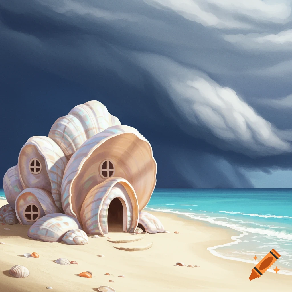 A whimsical house made of large seashells sits on a sandy beach next to the ocean under a dark, cloudy sky.