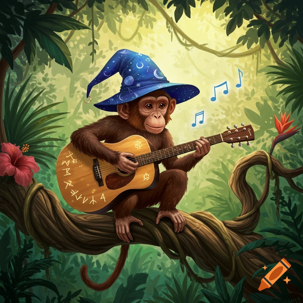 A brown monkey wearing a blue wizard hat sits on a tree branch in a lush jungle, playing an acoustic guitar with decorative symbols. Blue musical notes float above.