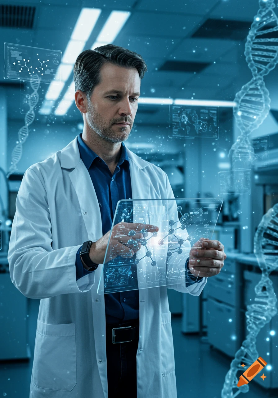 Photorealistic image of a male scientist in a lab coat interacting with a holographic display showing molecular structures in a futuristic lab.