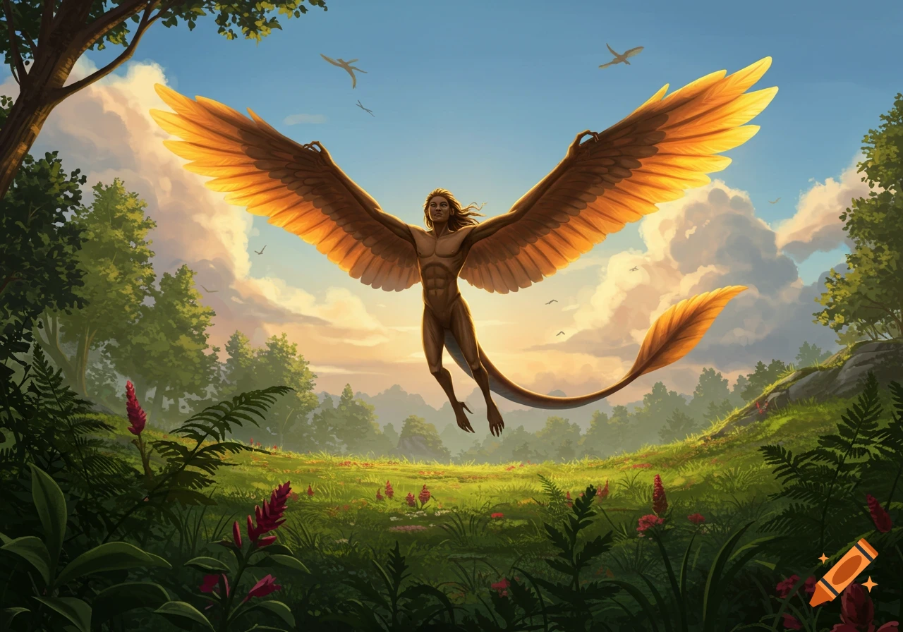 A winged human-like creature with a tail flies with outstretched wings over a lush green landscape at sunset, in a digital painting style.