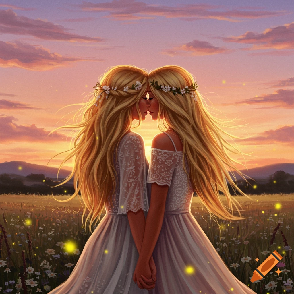 Two blonde women in white dresses and flower crowns, holding hands and kissing in a wildflower field at sunset, in an illustrative style.