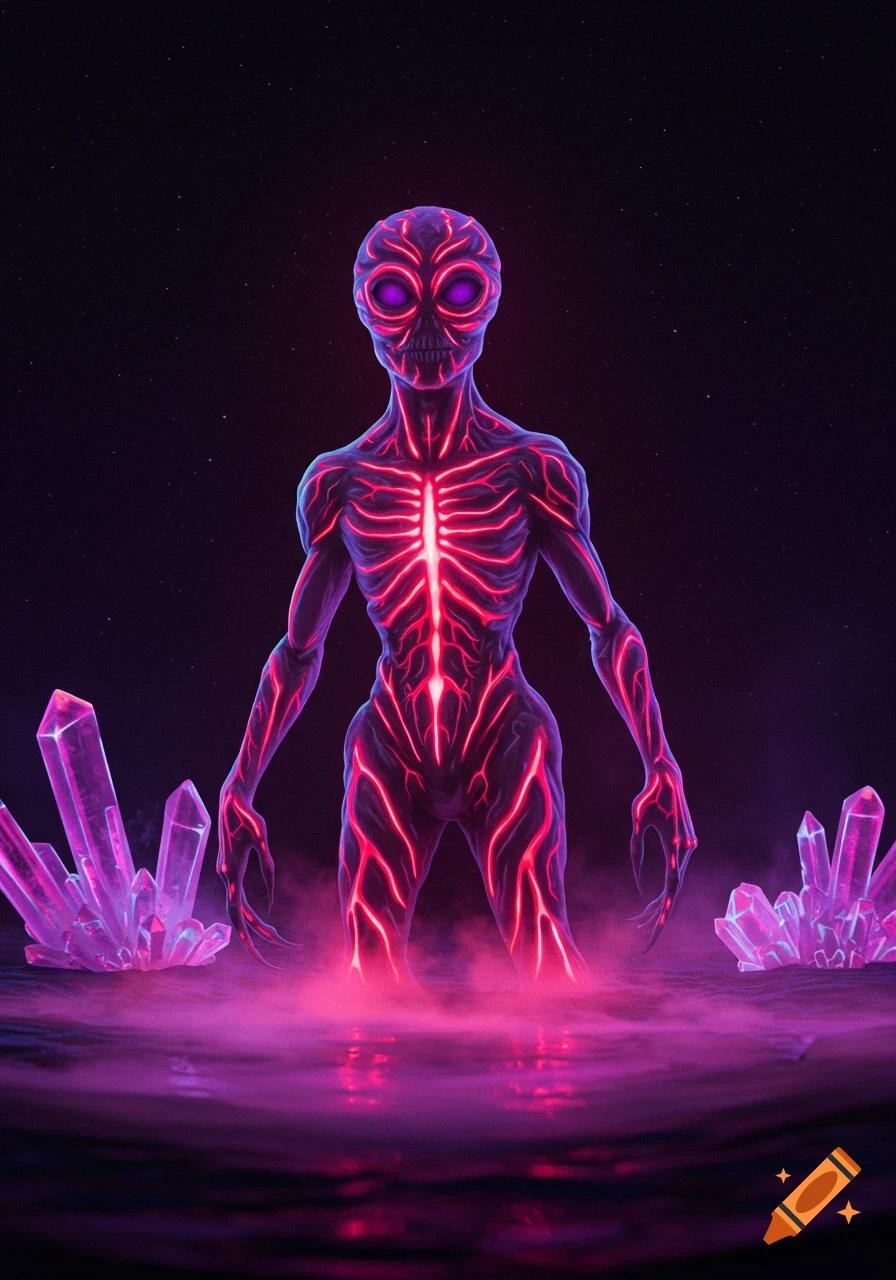 A glowing purple alien creature with red veins and purple eyes stands in an ethereal mist with large crystals in a starry void.