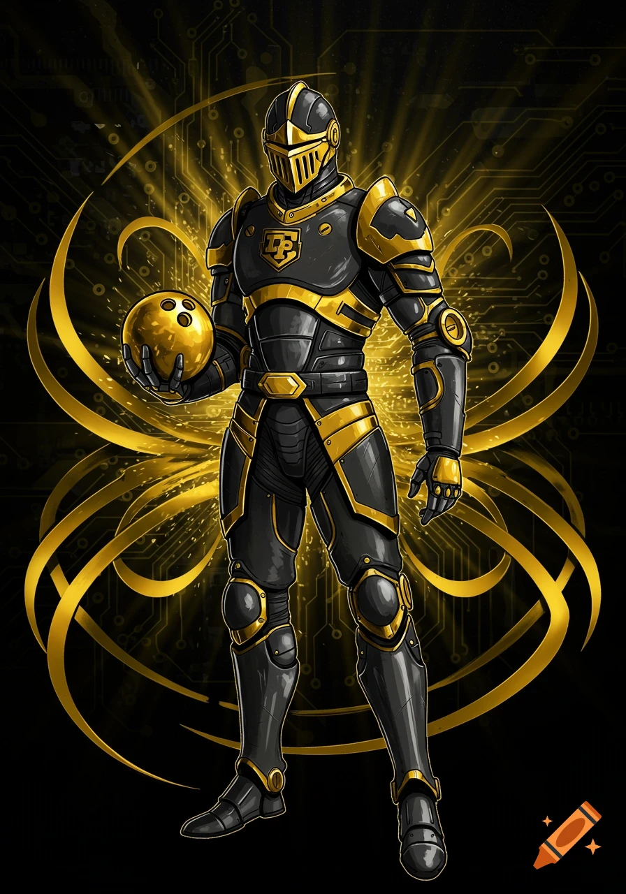 A knight in black and gold armor holding a bowling ball, against a glowing gold circuit board background.