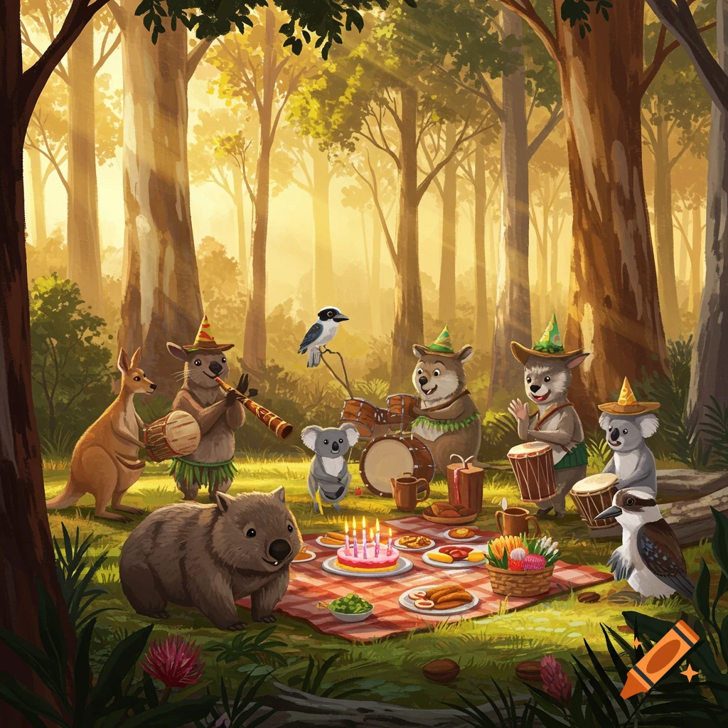 A cartoon illustration of Australian animals, including a wombat, kangaroo, and koalas, celebrating a birthday picnic in a sunny forest.