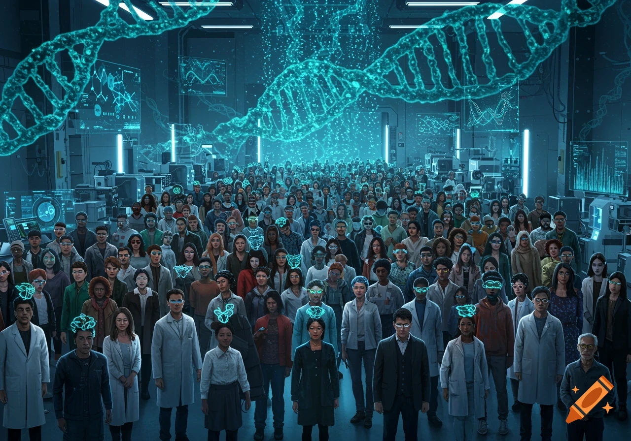 A large crowd of diverse people stand in a futuristic, neon-lit laboratory under glowing, massive DNA strands. Many have glowing symbols above their heads.
