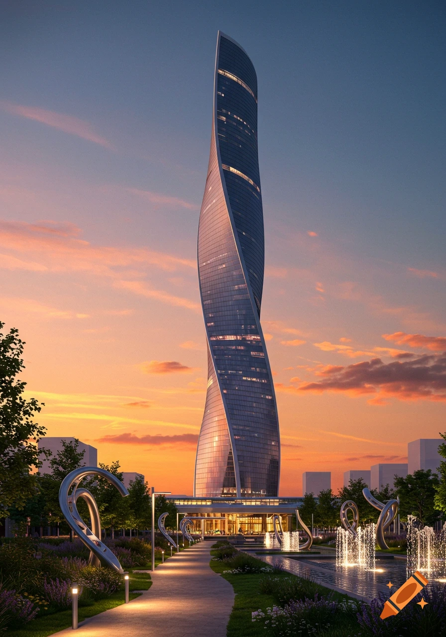 A tall, twisting postmodern skyscraper at sunset, with illuminated fountains and a pathway in a landscaped park foreground.