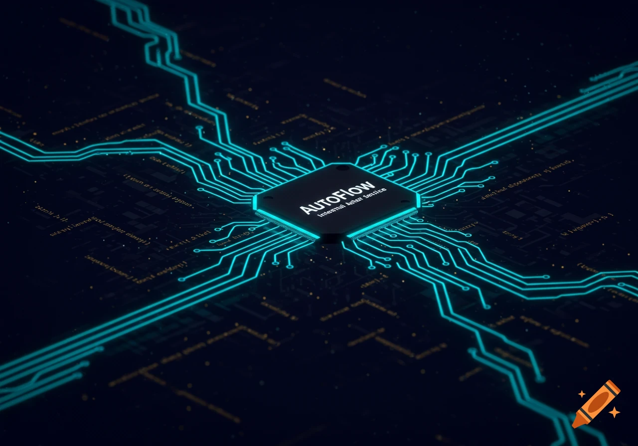 A central microchip with 'AutoFlow Internal Automation Service' text, glowing cyan circuit lines on a dark background.