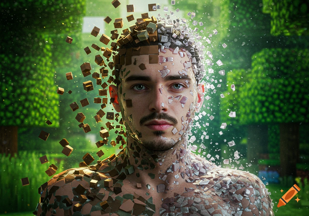 A man's body transforms into Minecraft blocks and crystalline shards in a blocky green forest, depicting an animorph.