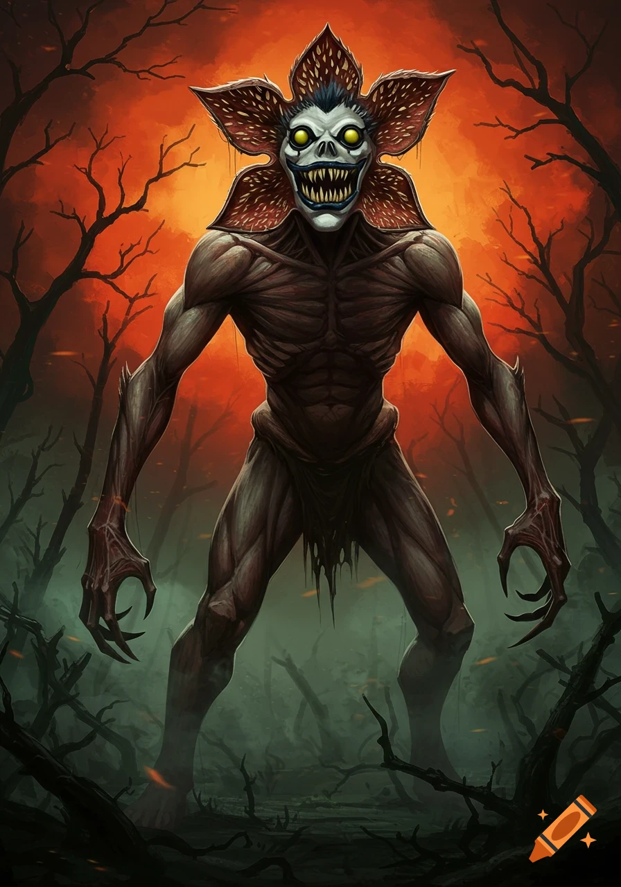 A grotesque monster with a gaunt body, clawed hands, and a skull-like face with sharp teeth and yellow eyes, standing in a dark, fiery forest.