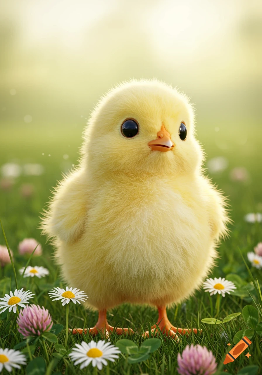 A fluffy yellow chick stands in a field of green grass with white daisies and pink clover flowers.