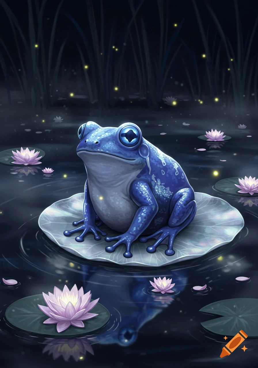 A stylized blue frog with bright blue eyes sits on a lily pad in a dark pond surrounded by glowing fireflies and pink water lilies.