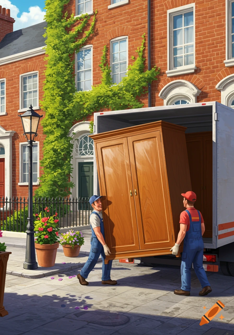 Two movers in blue overalls carry a large wooden wardrobe into a white truck in front of a brick building, illustrated style.