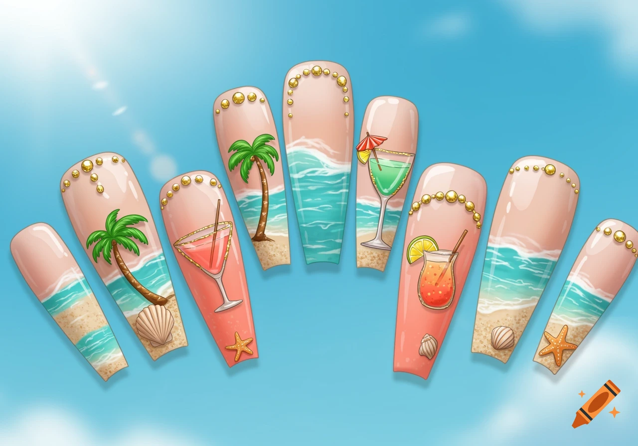 Collection of coffin-shaped acrylic nails with summer designs including palm trees, beach waves, seashells, and tropical drinks.
