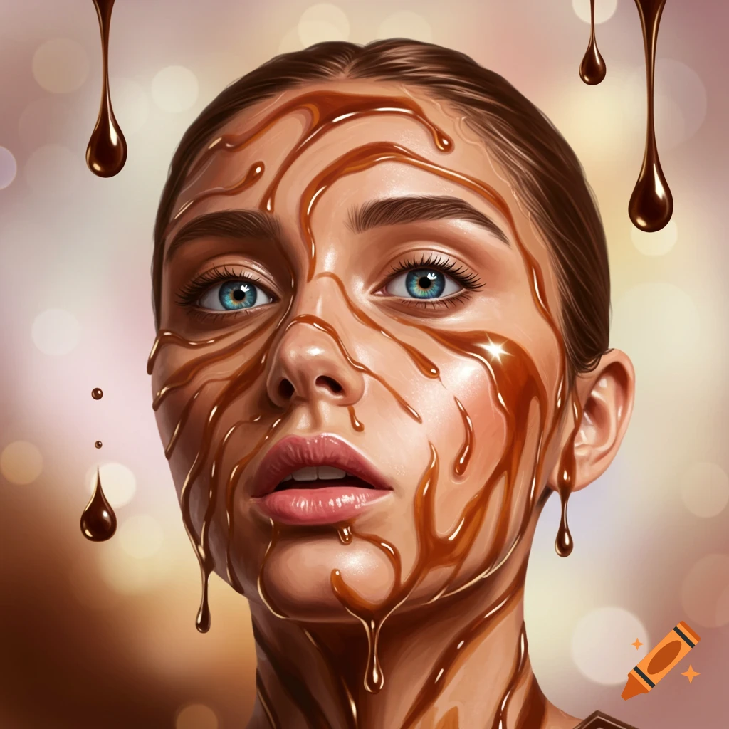 Close-up portrait of a woman with blue eyes, her face covered in dripping melted chocolate or caramel, against a blurred background.