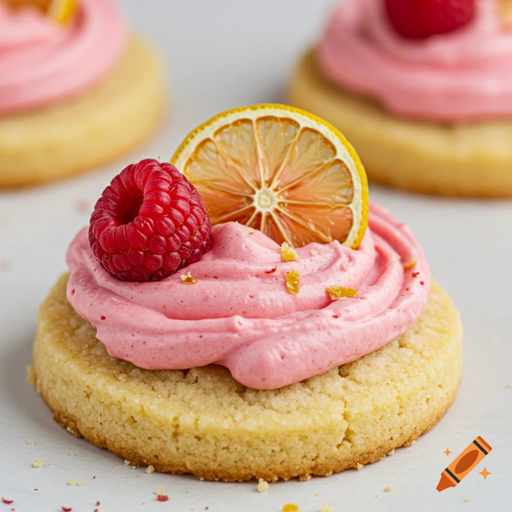 Close-up of a shortbread cookie topped with pink raspberry buttercream, a single dried lemon slice, and a fresh raspberry.