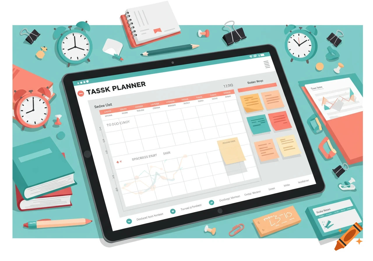 A flat-style illustration of a digital task planner on a tablet surrounded by desk items like books, clocks, and paperclips in teal and coral tones.