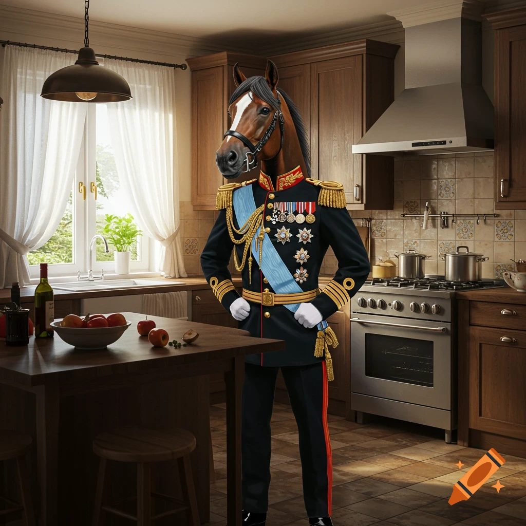 A horse wearing a decorated military dress uniform stands in a well-lit kitchen.