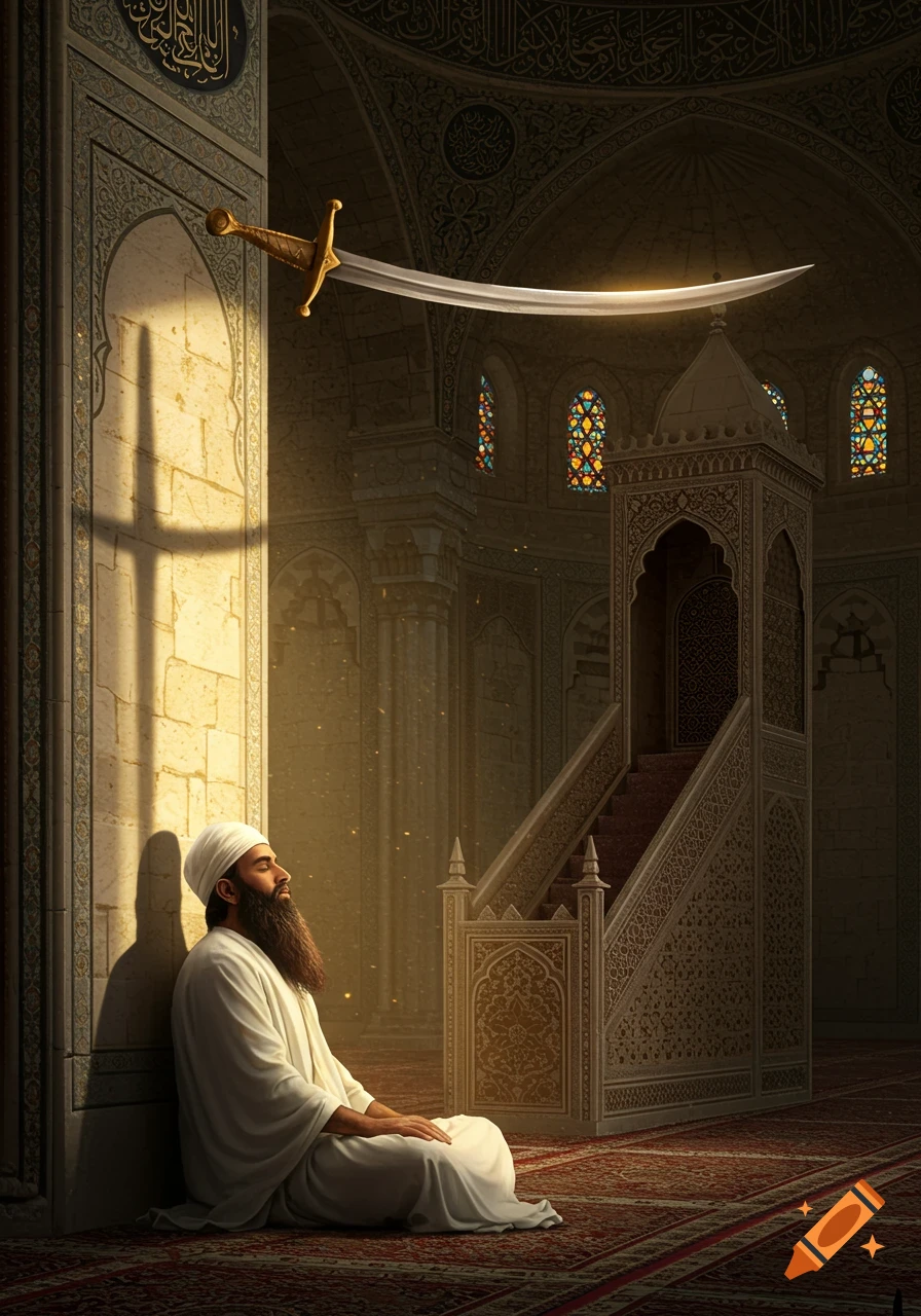A man with a long beard and white robes sits praying in a mosque with a sword suspended above him. Sunlight streams through stained glass, casting shadows on ornate walls.