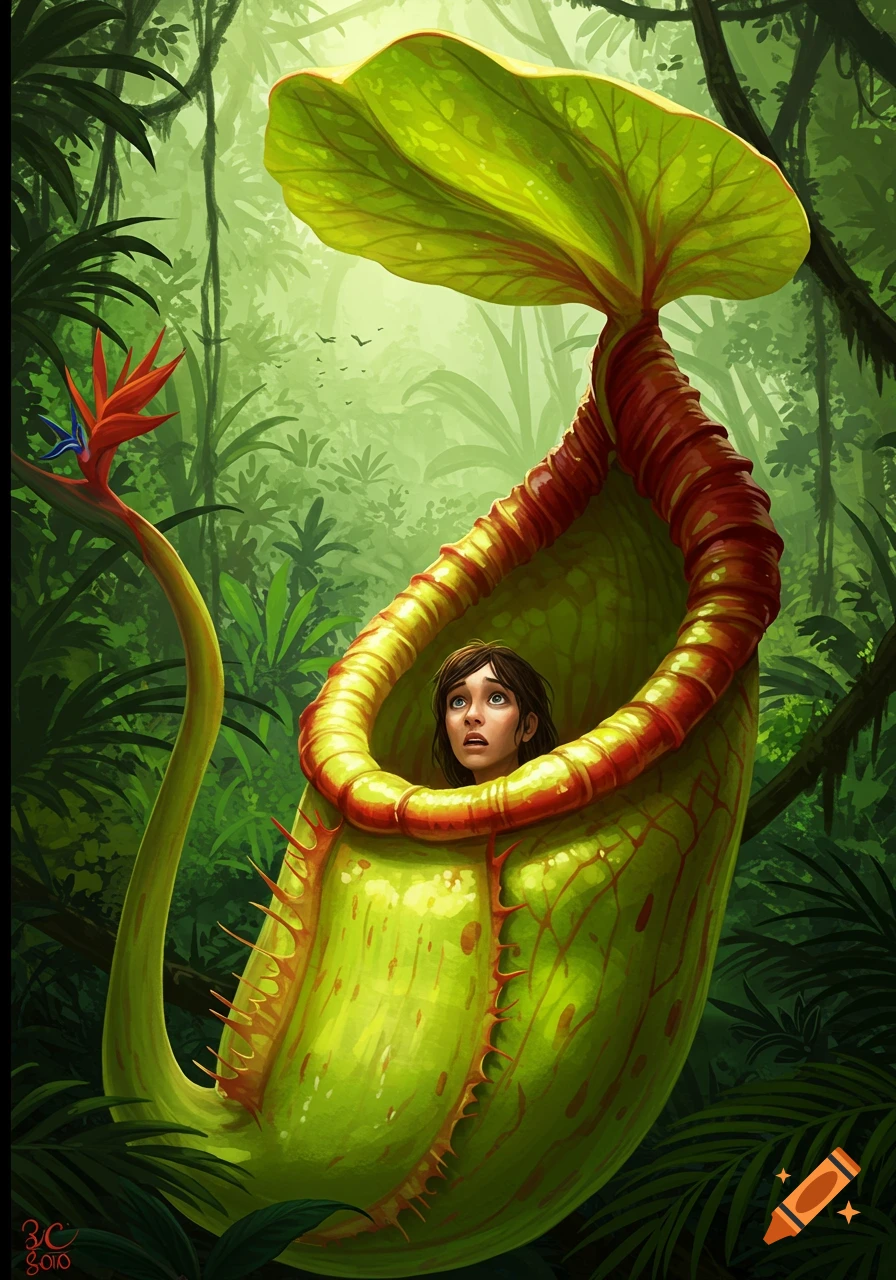 A scared person's head emerges from a giant green and red pitcher plant in a lush jungle.