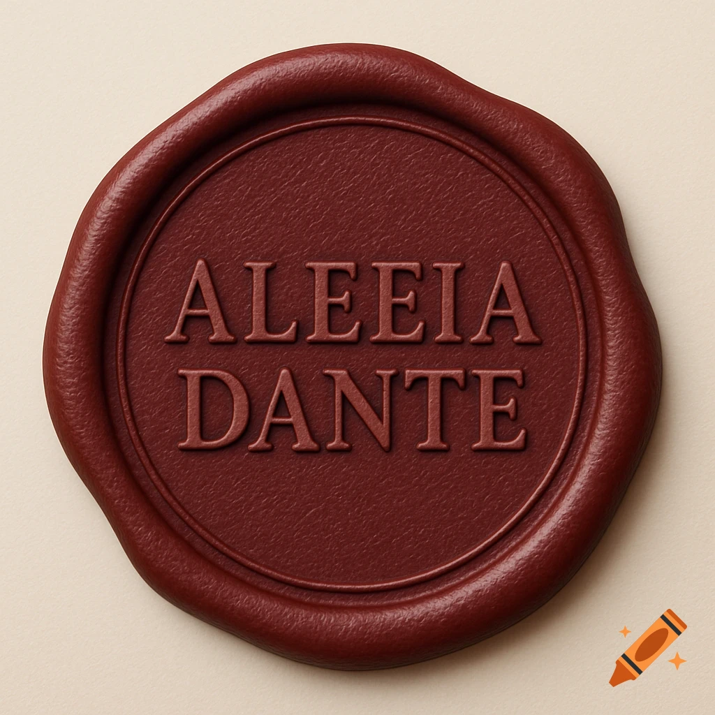 A reddish-brown wax seal with the name ALEEIA DANTE embossed in the center.