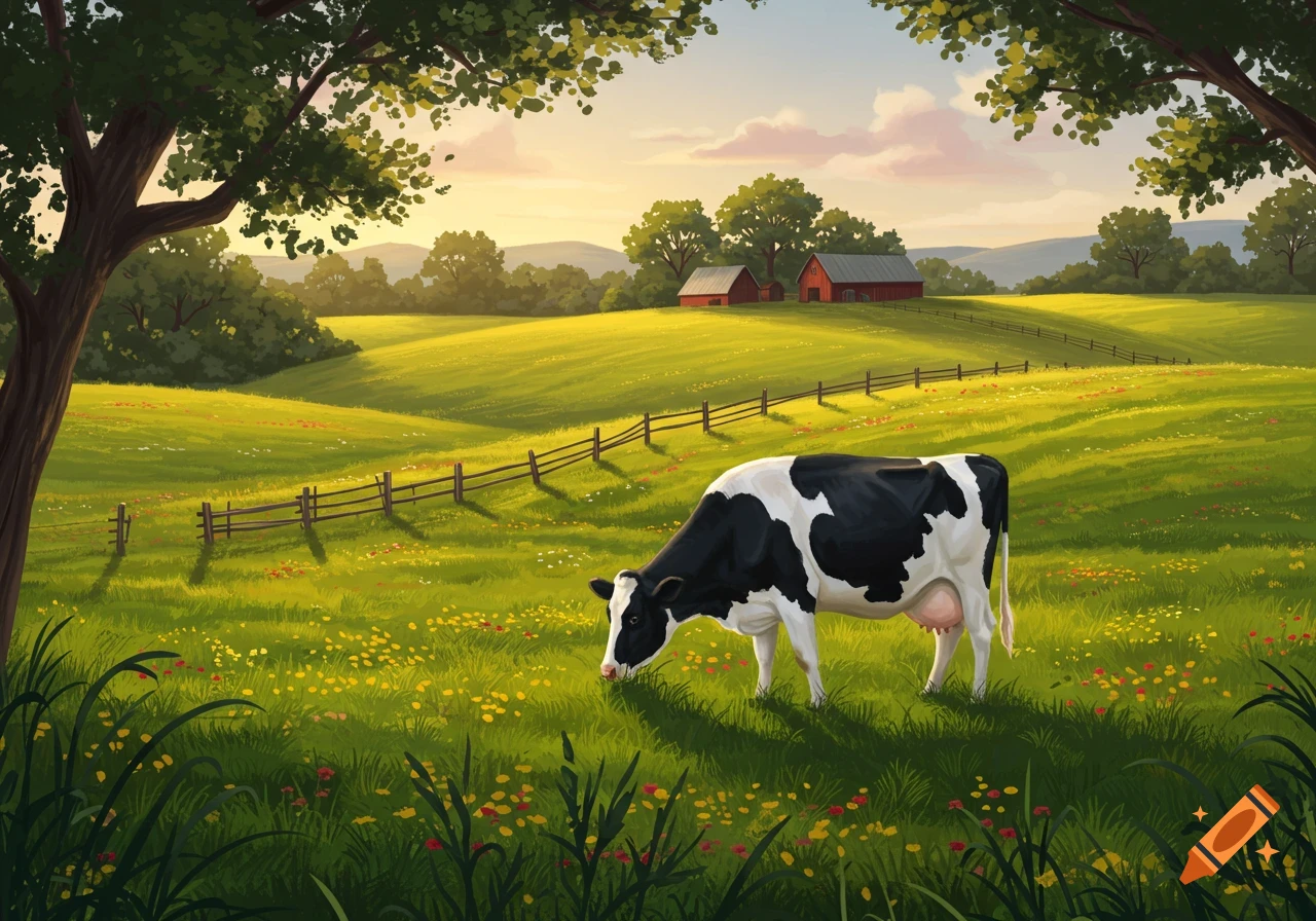 A black and white cow grazes in a lush green pasture with wildflowers and trees, a fence, and red barns under a sunset sky.