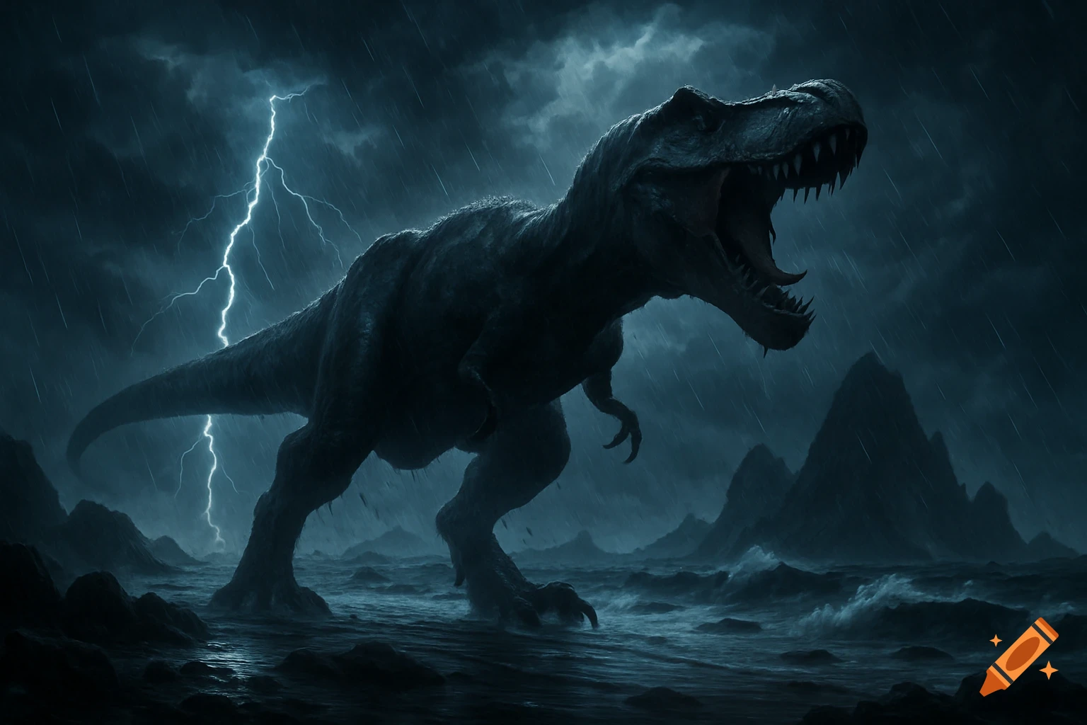 A dark silhouette of a T-Rex roaring during a stormy night with rain and a bright lightning bolt over a dark sea and mountains.
