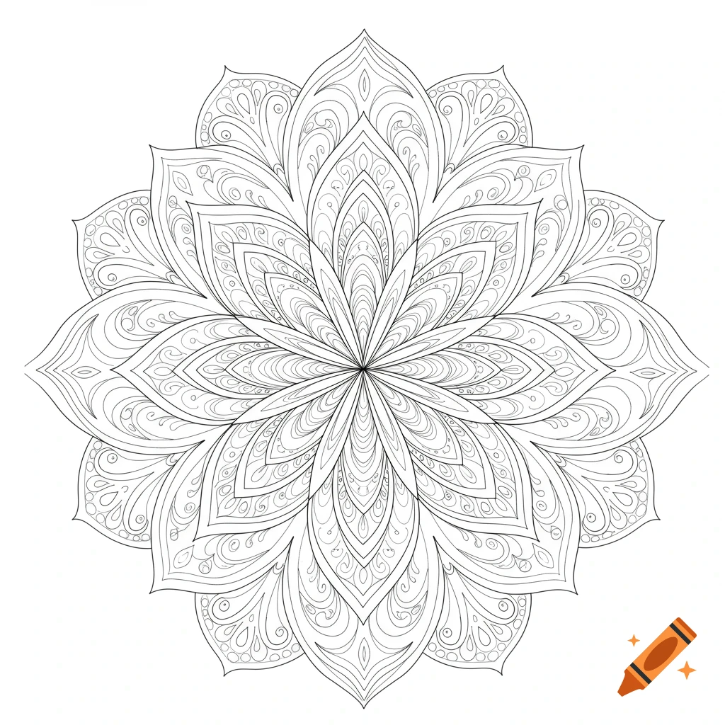 A detailed symmetrical black and white mandala drawing in a coloring page style, featuring intricate floral patterns.