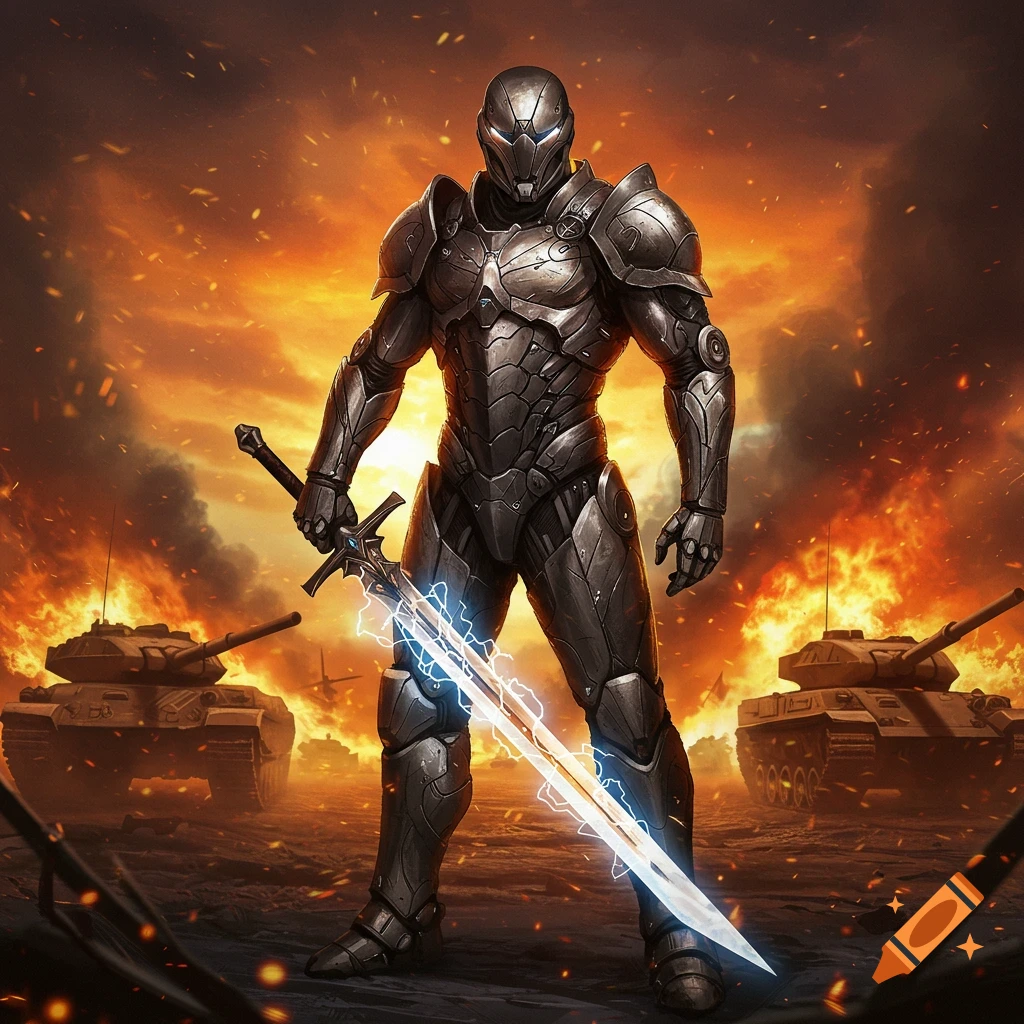 A futuristic armored warrior with a glowing sword stands on a fiery battlefield with tanks.