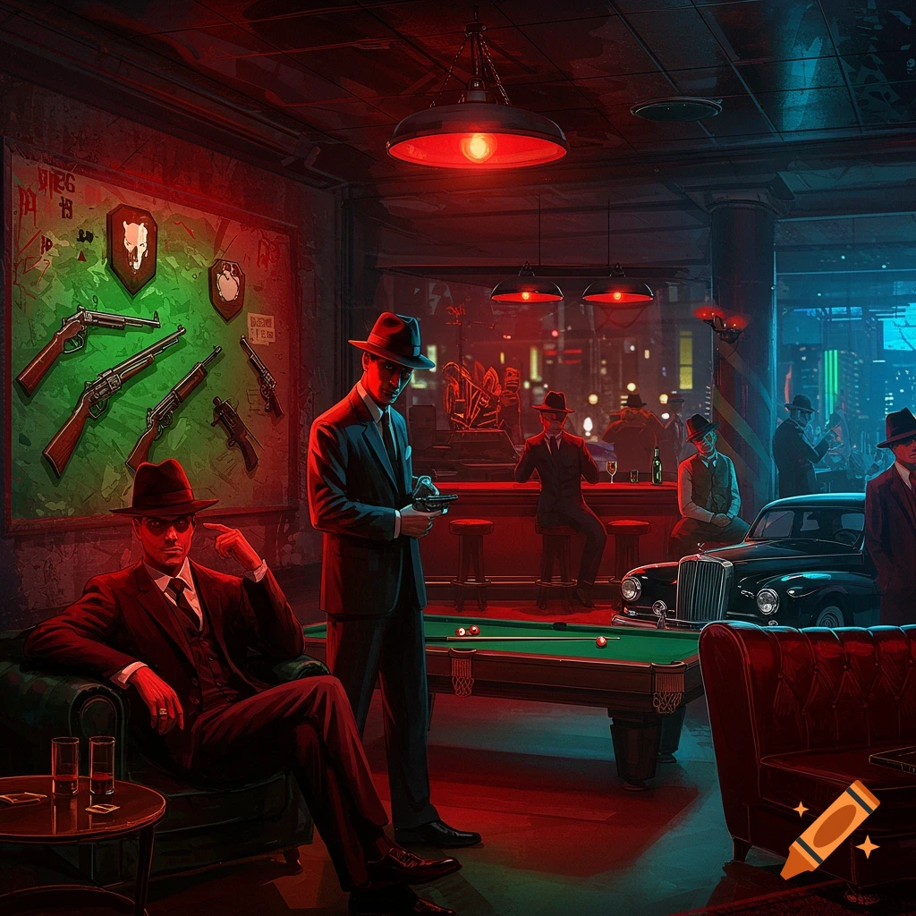 A group of gangsters in suits and fedoras gathered in a dimly lit bar with red and blue neon lights, a pool table, and guns displayed on the wall.