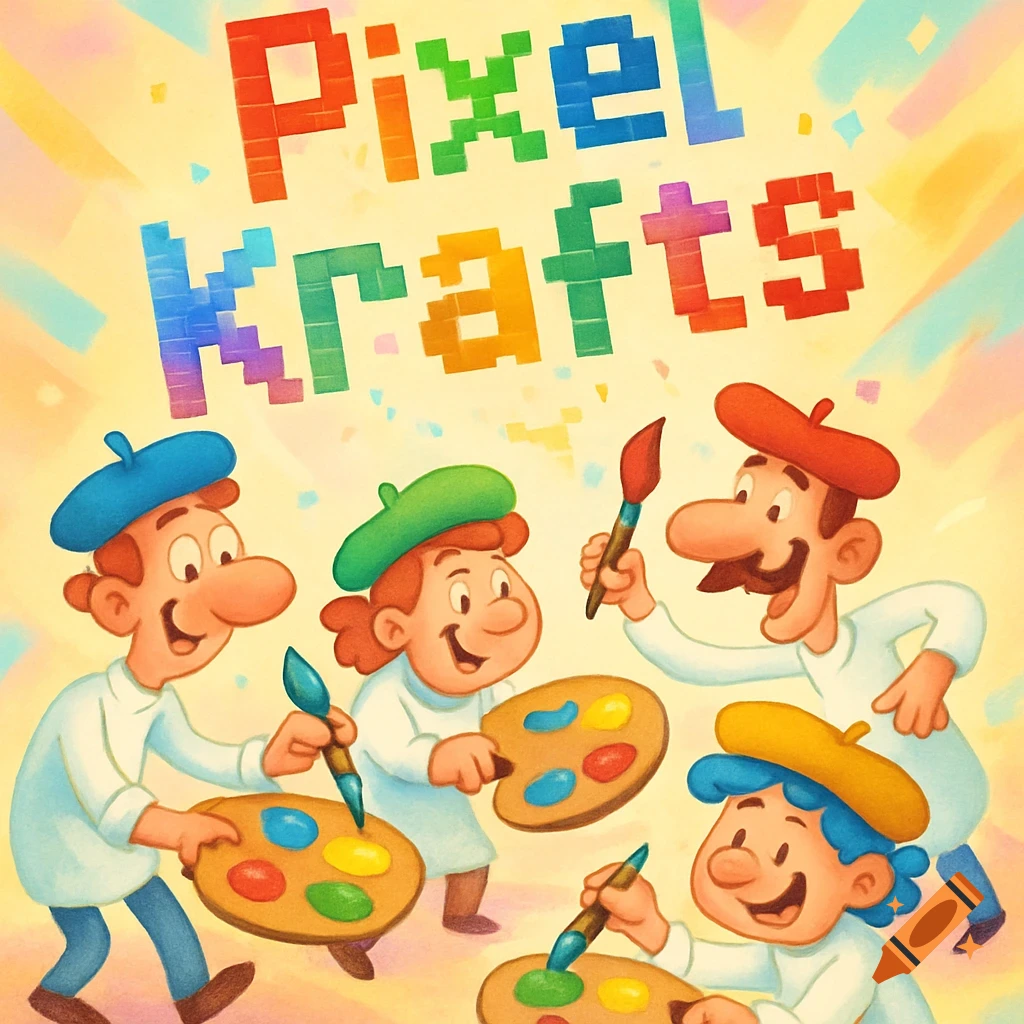 Colorful cartoon illustration of four happy artists with palettes and brushes under 'Pixel Krafts' in pixel text.