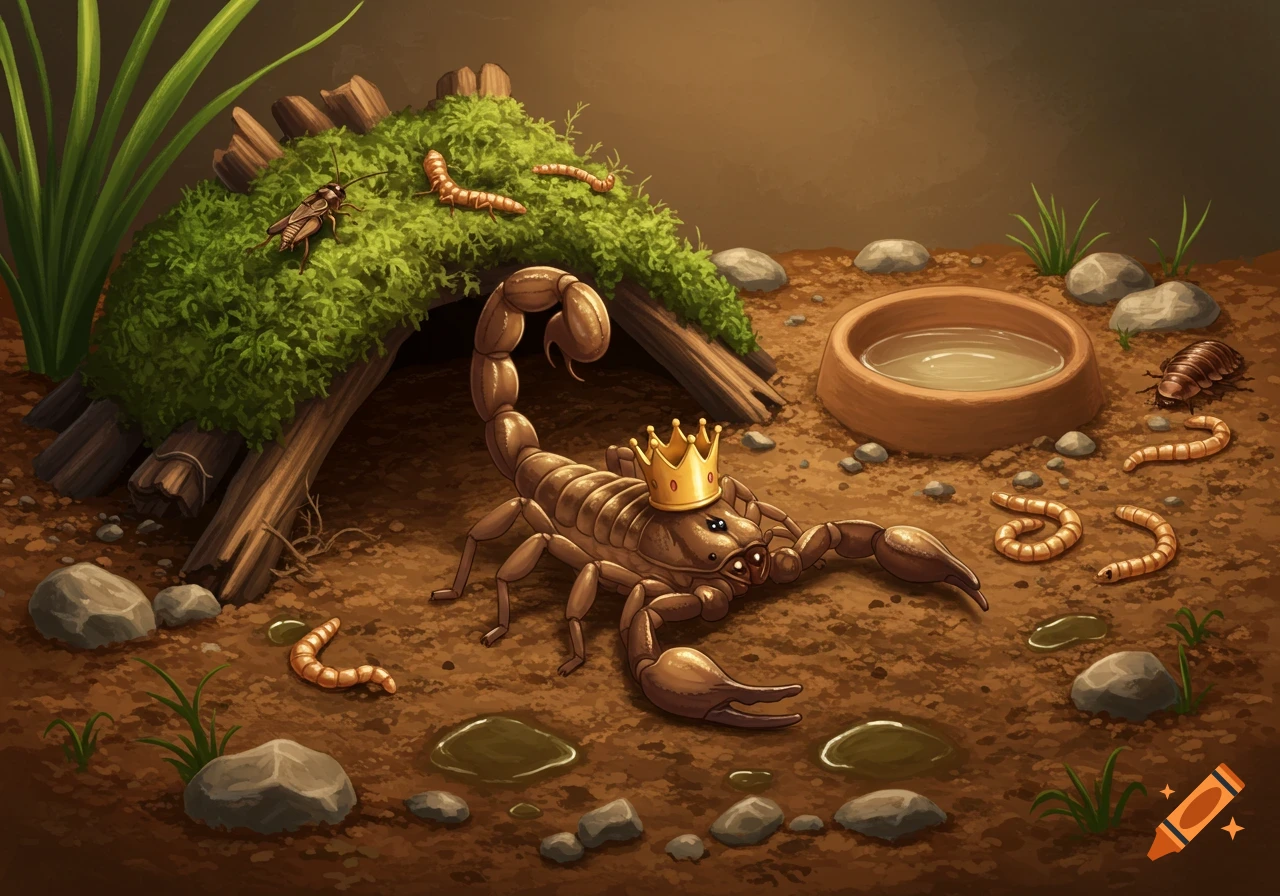 A cute scorpion with a golden crown in an enclosure with a mossy hide, water dish, rocks, insects, and worms.