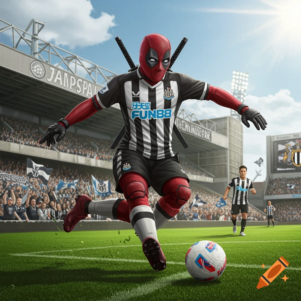 Deadpool in a black and white Newcastle United soccer uniform kicks a ball on a green field in a large stadium during a game.