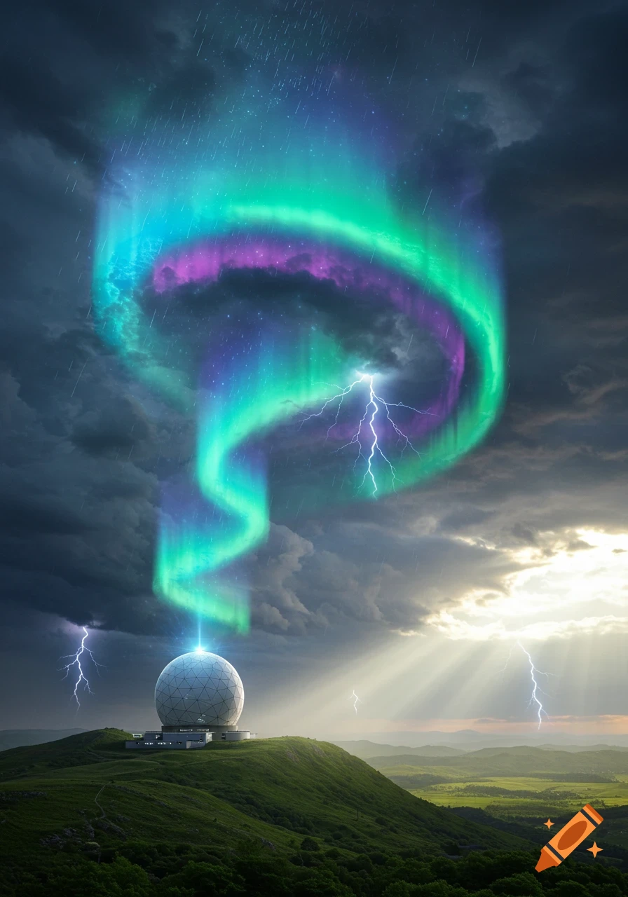 A weather radar dome on a green hill under a dramatic sky with a colorful aurora, lightning, and sun rays.