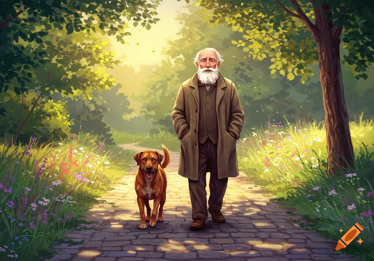 An old man with a white beard walks with a brown dog on a stone path through a sunny, green park with flowers, in an illustration style.