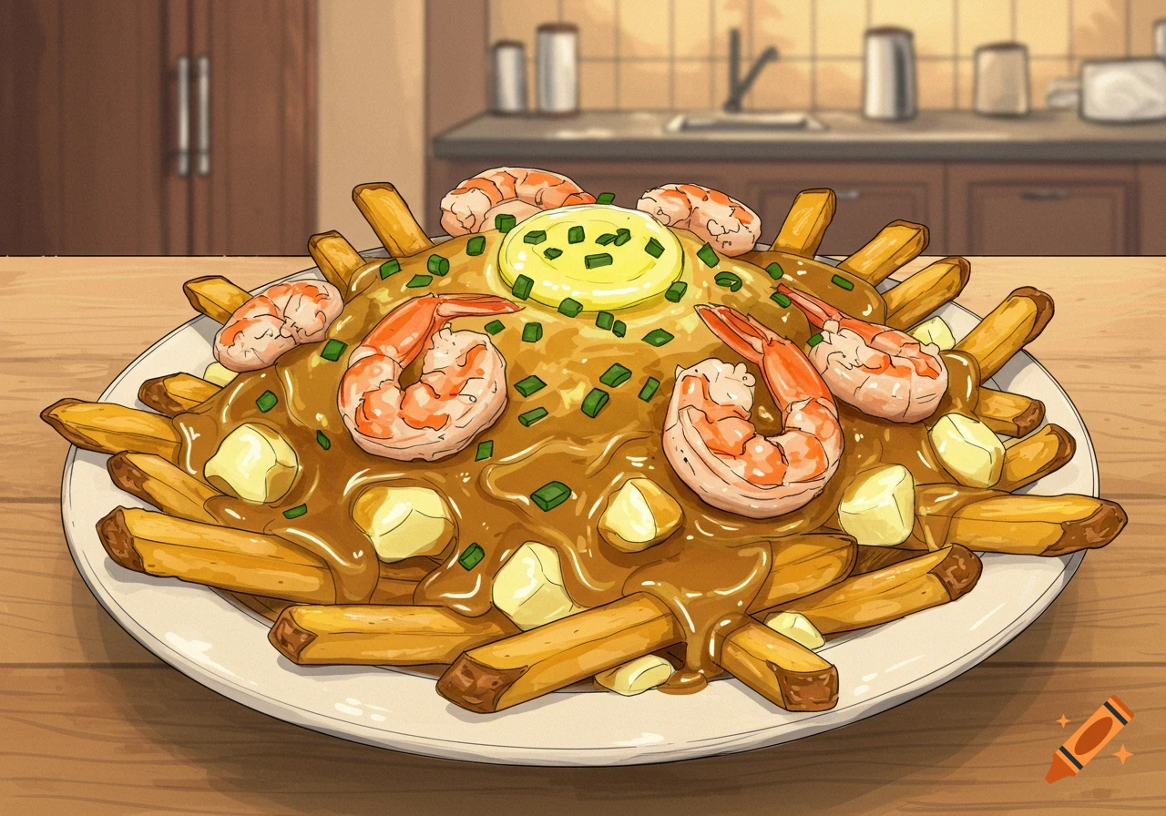 Cartoon illustration of poutine with shrimp, cheese curds, and gravy on a plate.