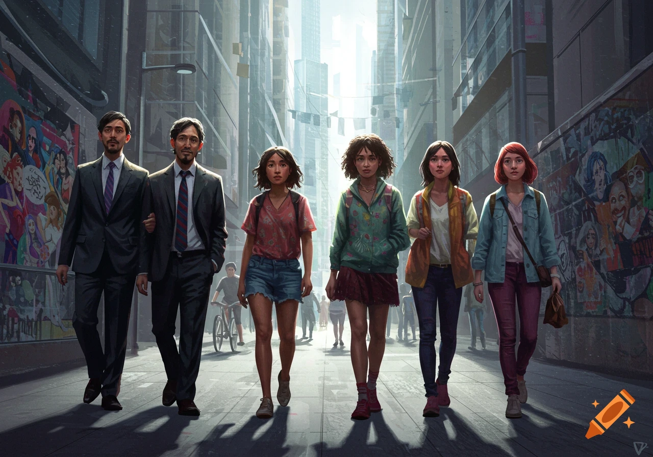 A group of six people, two men and four women, walk down a city street lined with tall buildings and vibrant graffiti art. The style is semi-realistic.