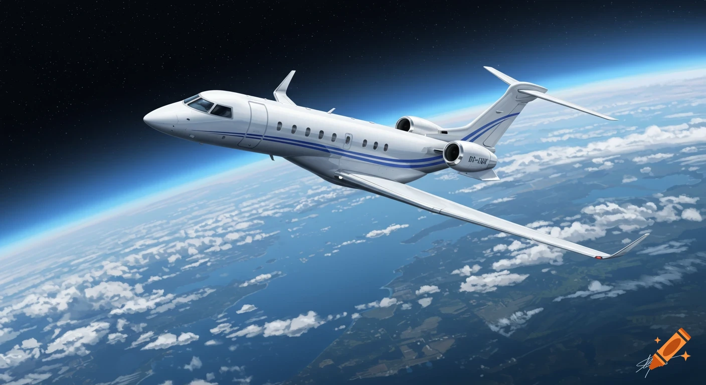 A white private jet with blue stripes flies high above Earth, showing clouds and the planet's curve against a starry dark sky.