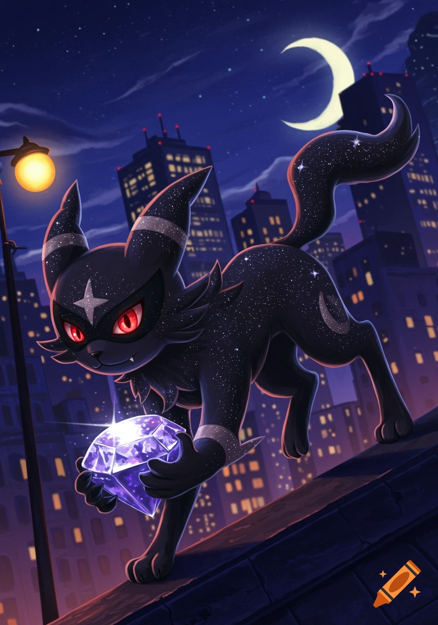 A dark, cat-like creature with red eyes and star-like markings crouches on a city rooftop at night, holding a glowing purple gem. A crescent moon is visible in the sky.