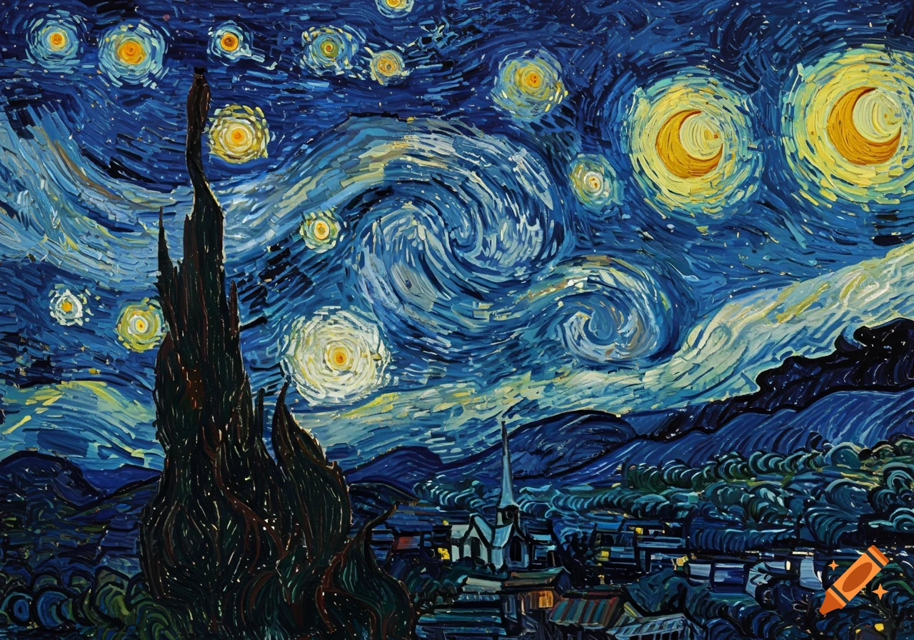 A classic painting featuring a dark, flame-like cypress tree against a vibrant swirling blue night sky with bright yellow stars and moon.