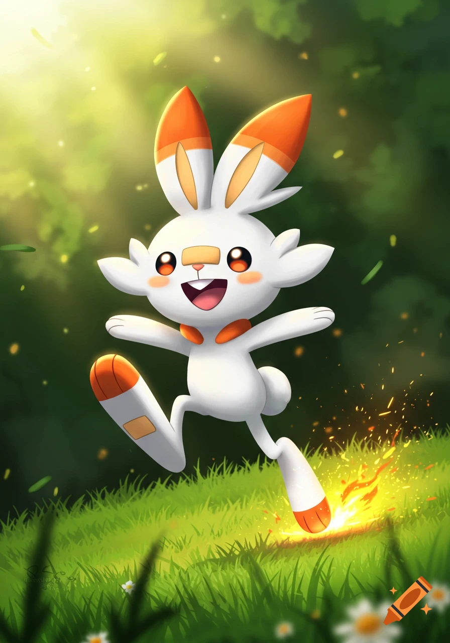 Scorbunny, a white and orange bunny Pokemon, happily runs through a sunny green field with a flame around its foot.