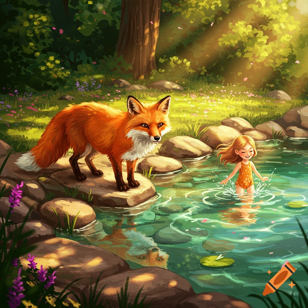 A cute red fox stands on rocks by a pond, watching a small girl splash in the water in a sunny forest illustration.