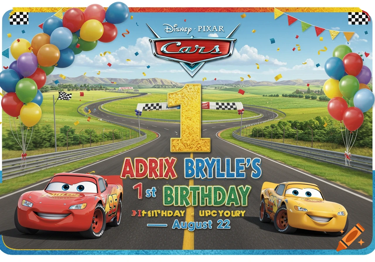 Disney Pixar Cars birthday invitation with Lightning McQueen and another car on a race track, balloons, confetti, and text 'Adrix Brylle's 1st Birthday August 22'.