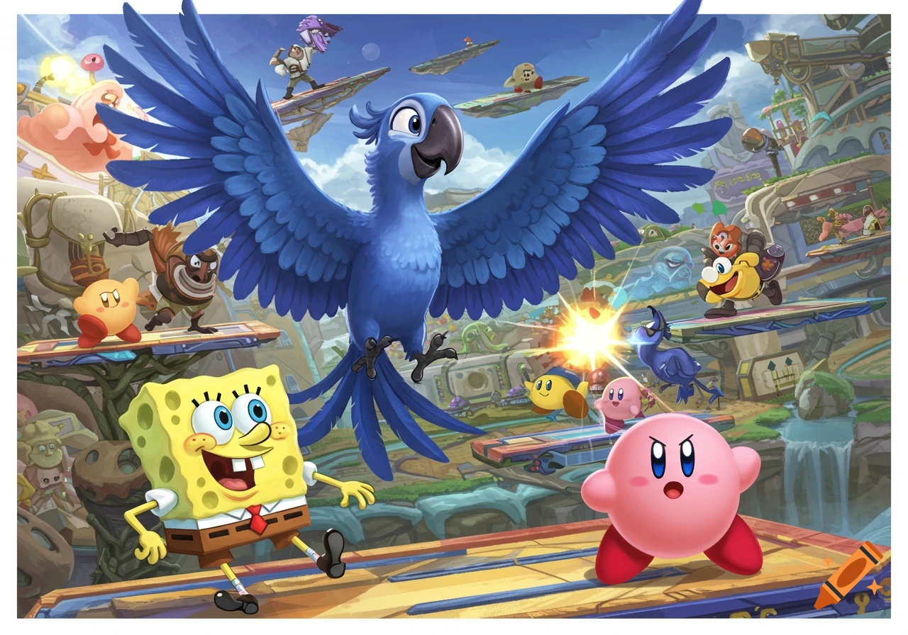 Blu from Rio, SpongeBob, and Kirby are featured in a vibrant Super Smash Bros Ultimate-style crossover artwork, with other characters in the background.