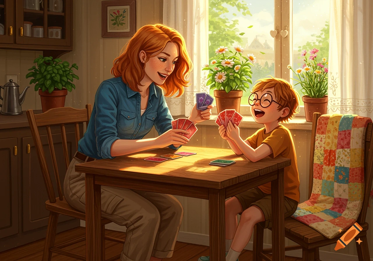 Illustrated scene: A ginger-haired woman and a joyful young boy play cards at a wooden table in a bright, sunlit kitchen.