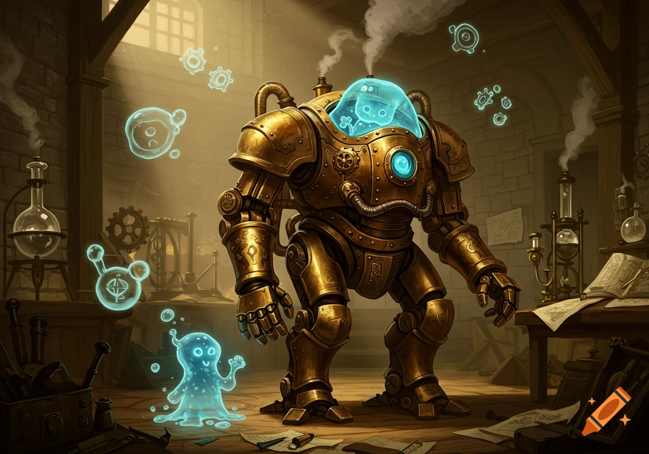 A golden steampunk mech with a glowing blue plasmoid creature inside its head, observing a smaller glowing blue plasmoid on the floor of a dim, cluttered laboratory filled with scientific equipment.