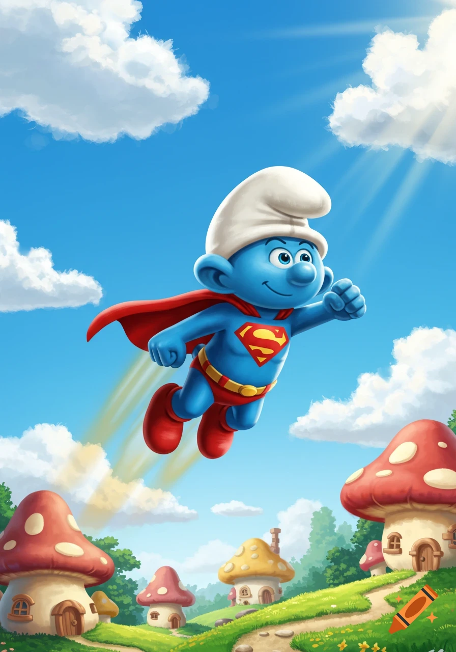 A Smurf dressed as Superman flies over a village of mushroom houses under a bright blue sky, in a vibrant cartoon style.