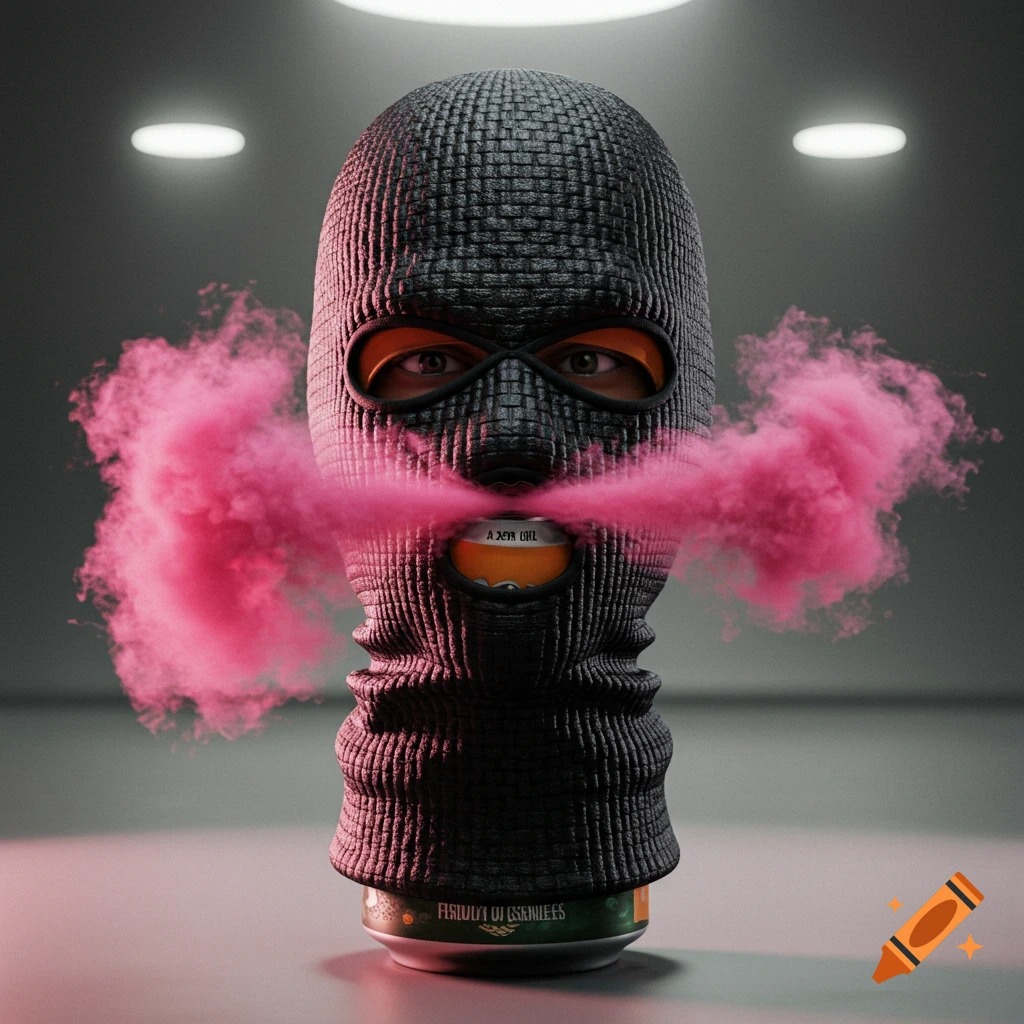 A dark knit balaclava mask covering a beer can, with pink smoke billowing out from where a mouth would be. The mask has eyeholes revealing human eyes.